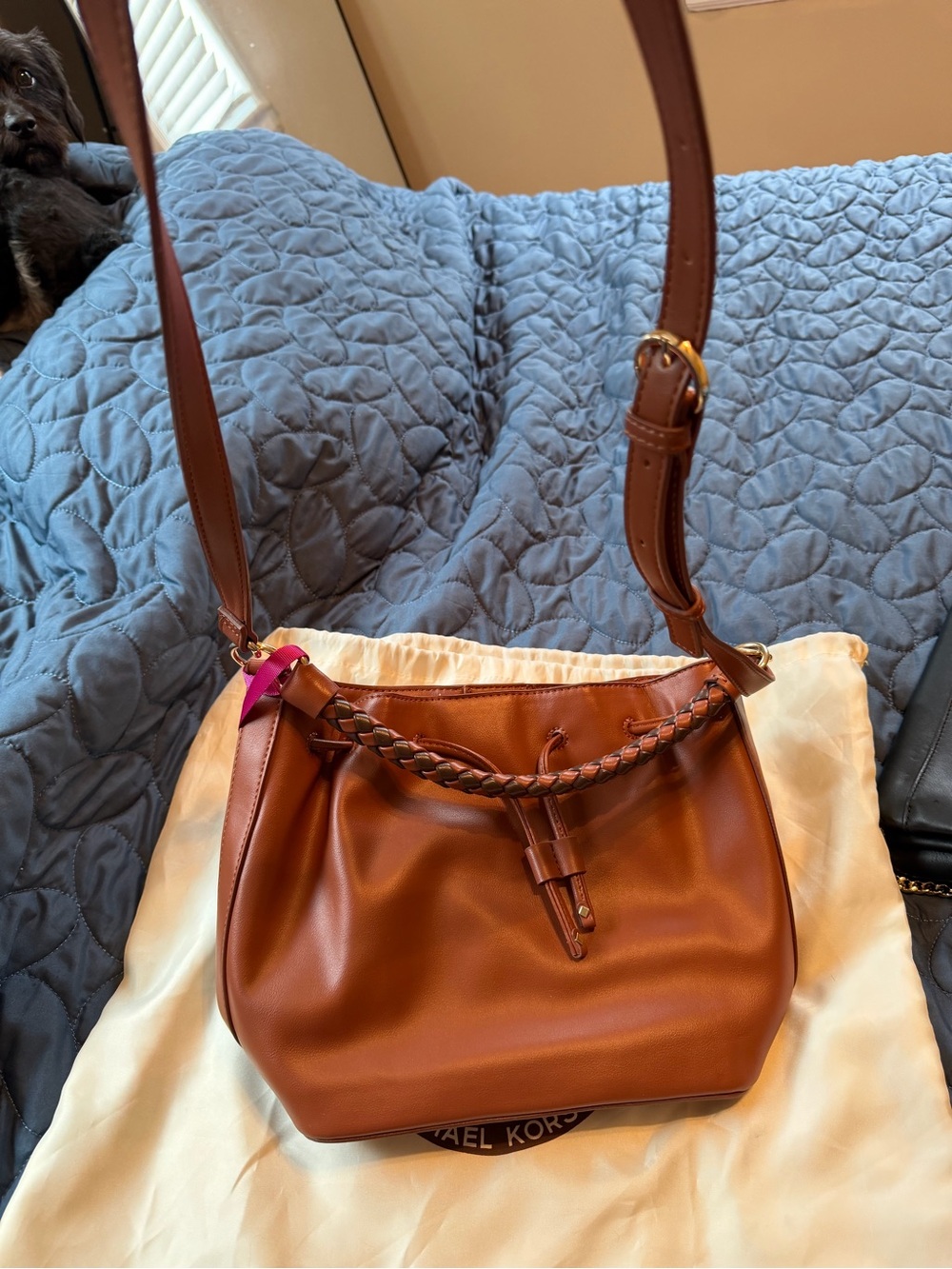 Cognac Leather Braided-Detail Shoulder Bag